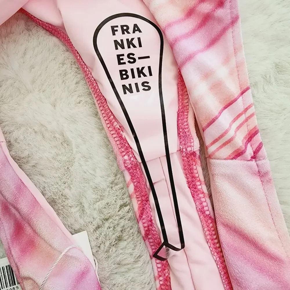 Frankie’s Bikinis Katarina Pink Solar Stripe Velvet High Leg Bikini Bottoms L